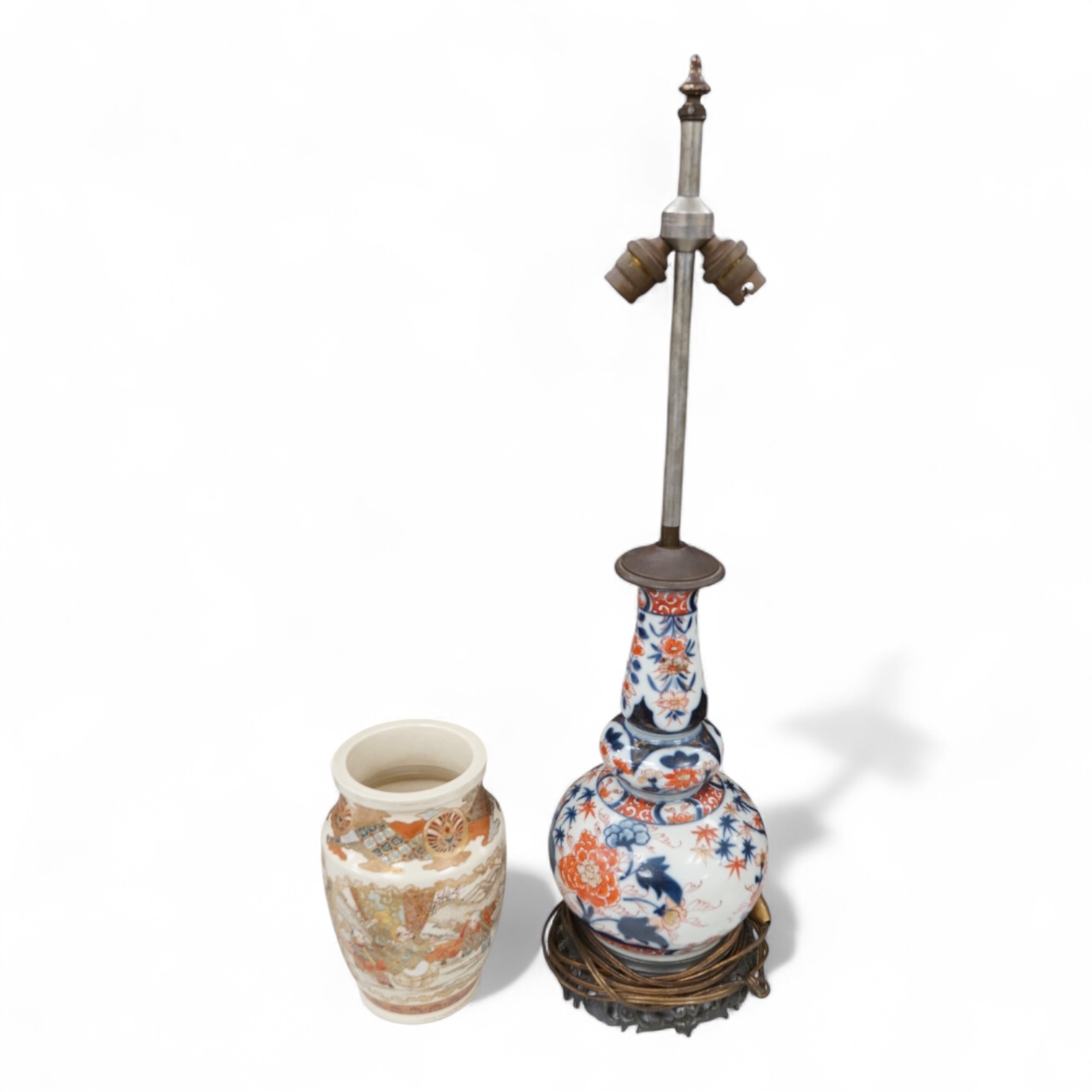 An Imari lamp base, and a Satsuma vase decorated with figures, lamp 60cm high overall